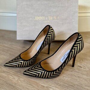 JIMMY CHOO Abel Black Gold Woven Metallic Thread Pumps - EU 38.5